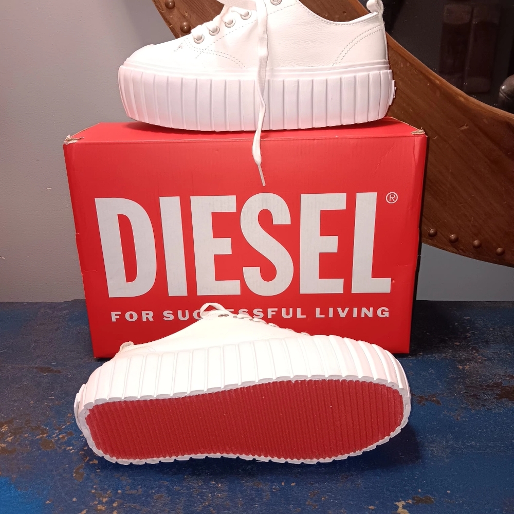 Diesel White Leather Sneakers with Chunky Platform Sole - Picture 5 of 5